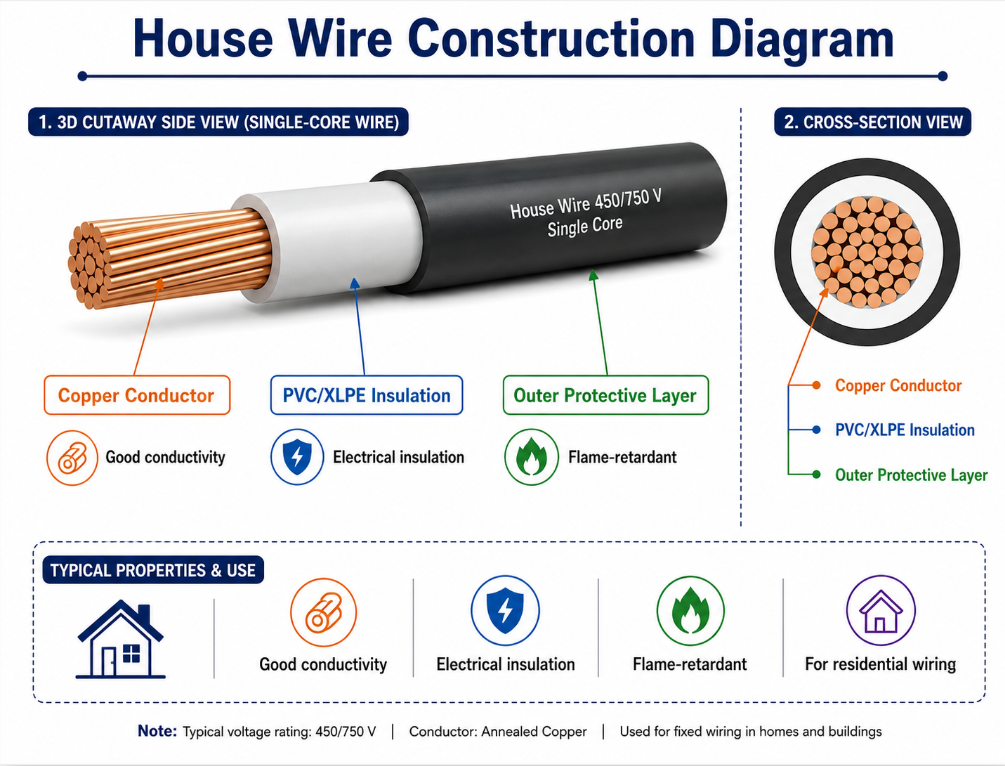 House wire constructidiagram with copper conductor and PVC insulation